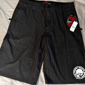 Black Pinstripe Shorts with Skull Design